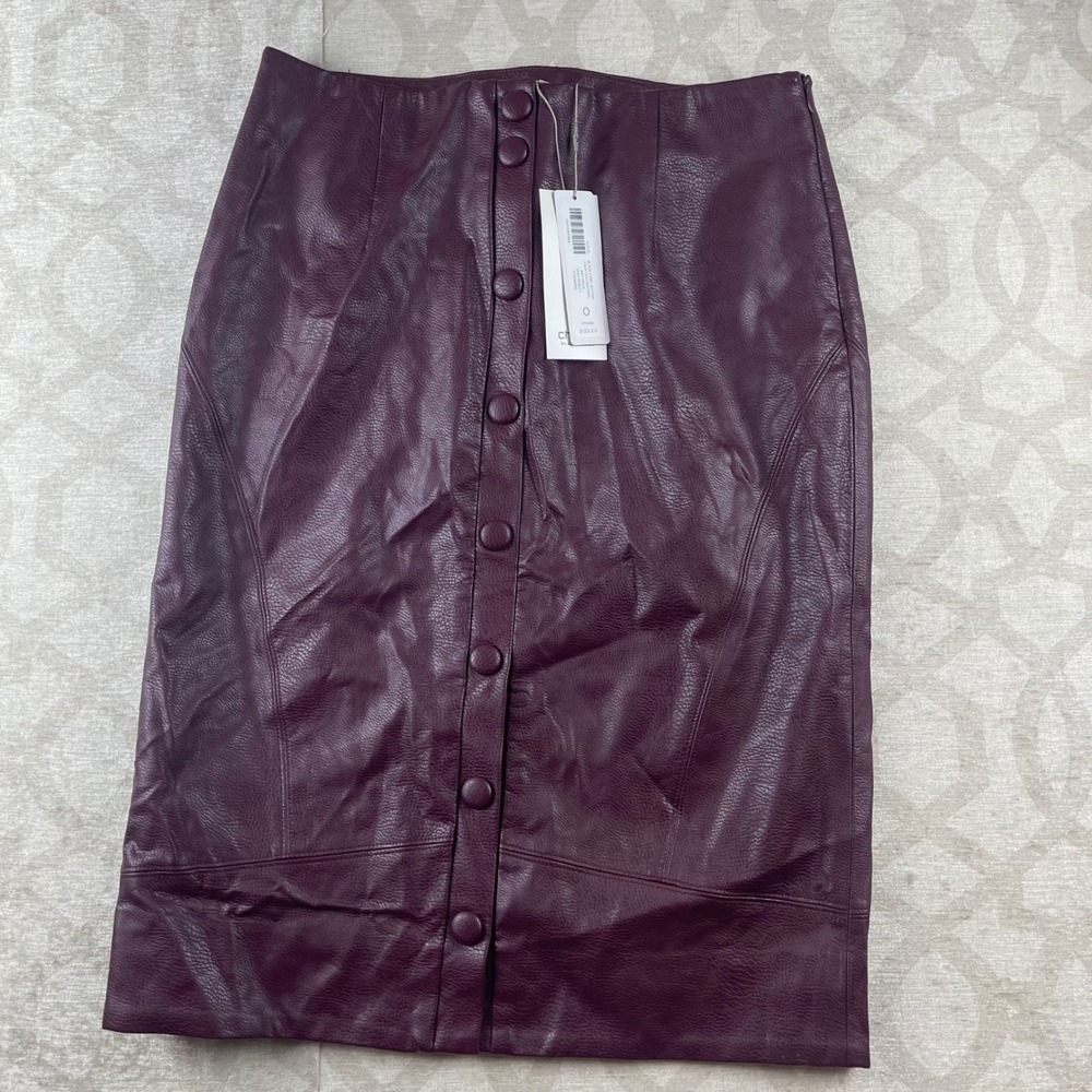 Chico's Black Label Women 0 Small Merlot NWT Faux Leather Button Pencil Skirt